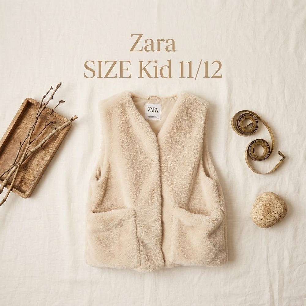 Zara Cream Faux Fur Teddy Vest Minimalist Clean Girl Gilet Kids Size 11-12